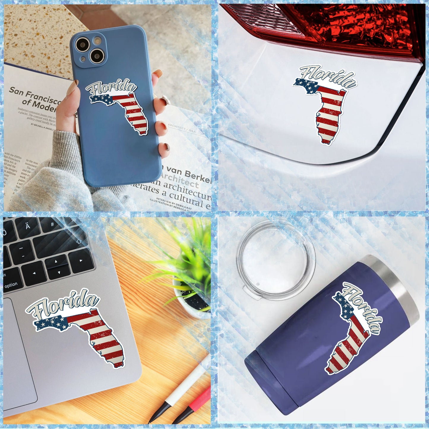 Florida Stickers US State Shaped Map Stickers, Vintage American Flag Patriotic Vinyl Decals for Water Bottles Luggage Suitcase Scrapbooking Computer