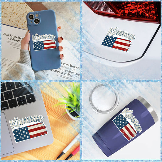Kansas Stickers US State Shaped Map Stickers, Vintage American Flag Patriotic Vinyl Decals for Water Bottles Luggage Suitcase Scrapbooking Computer