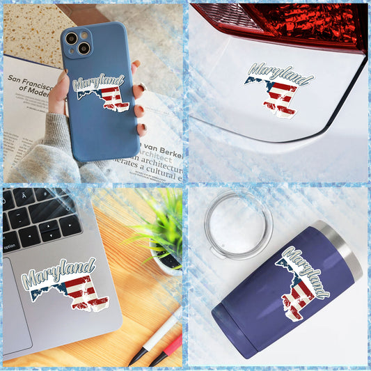 Maryland Stickers US State Shaped Map Stickers, Vintage American Flag Patriotic Vinyl Decals for Water Bottles Luggage Suitcase Scrapbooking Computer