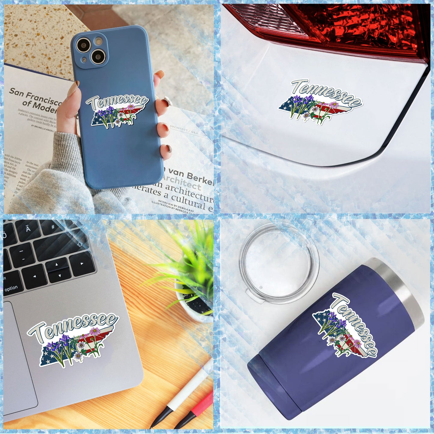 Tennessee State Flowers Stickers US State Shaped Map Stickers, Vintage American Flag Patriotic Vinyl Decals for Water Bottles Luggage Suitcase Scrapbooking Computer