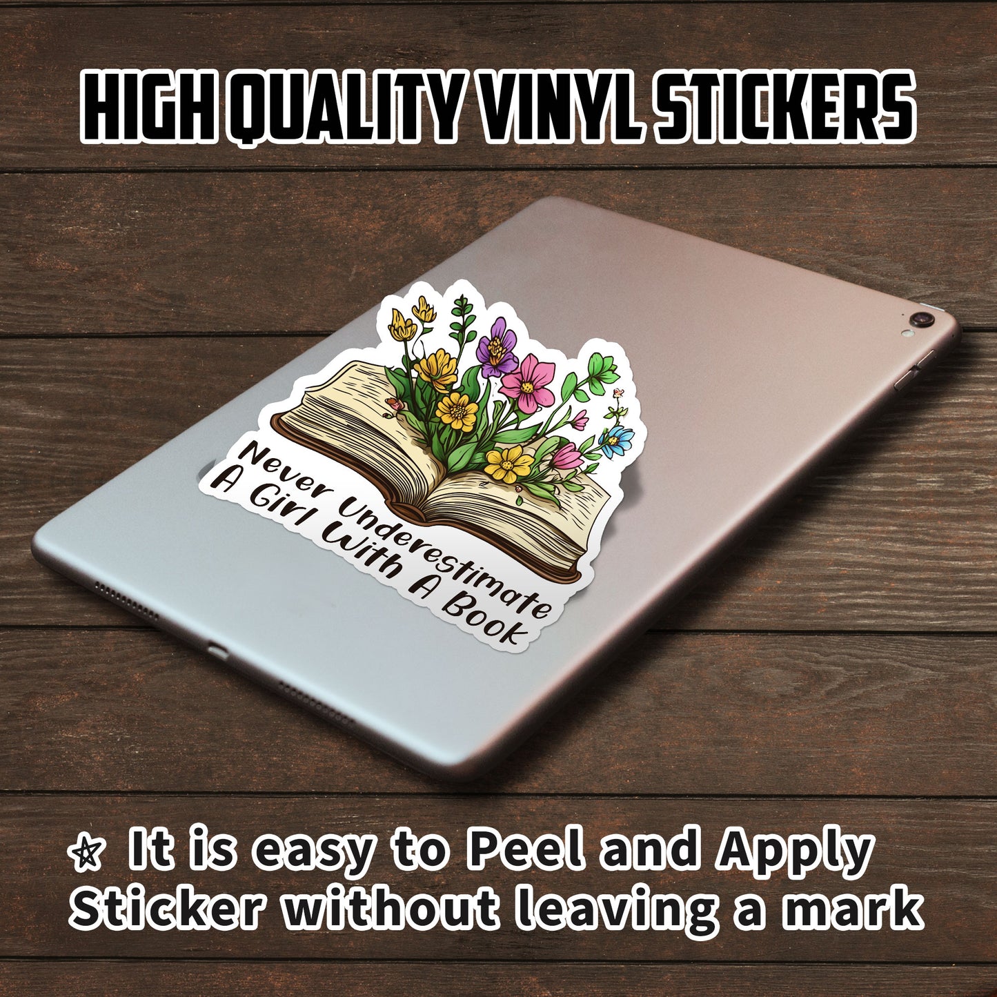 Never Underestimate A Girl With A Book Sticker Cute Funny Floral Bookish Stickers Waterproof Vinyl Decals for Car Truck Laptop Helmet Water Bottles Bicycle Luggage Stickers