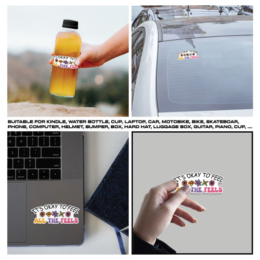 It Is Okay To Feel All The Feels Sticker, Mental Health Stickers, Positive Vinyl Decals, Waterproof, UV Resistant, for Laptop, Water Bottle, Notebook, Mirror, Scrapbook, Phone Case