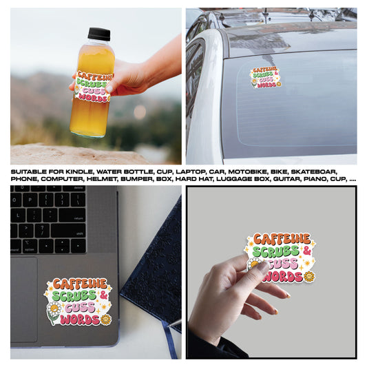 Caffeine Scrubs Cuss Words Sticker, Nurse Stickers, Nursing Medical Funny Doctor Heathcare Vinyl Decals, Waterproof, UV Resistant, Suitable for Tumbler, Laptop, Car