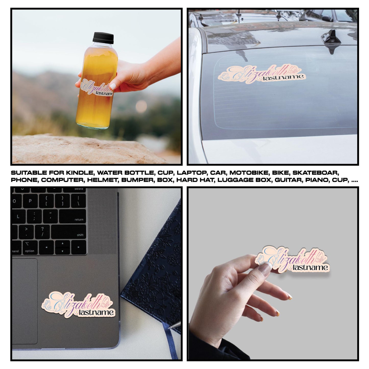 Custom Name Sticker: Floral Butterfly Decal - Laptop, Water Bottle