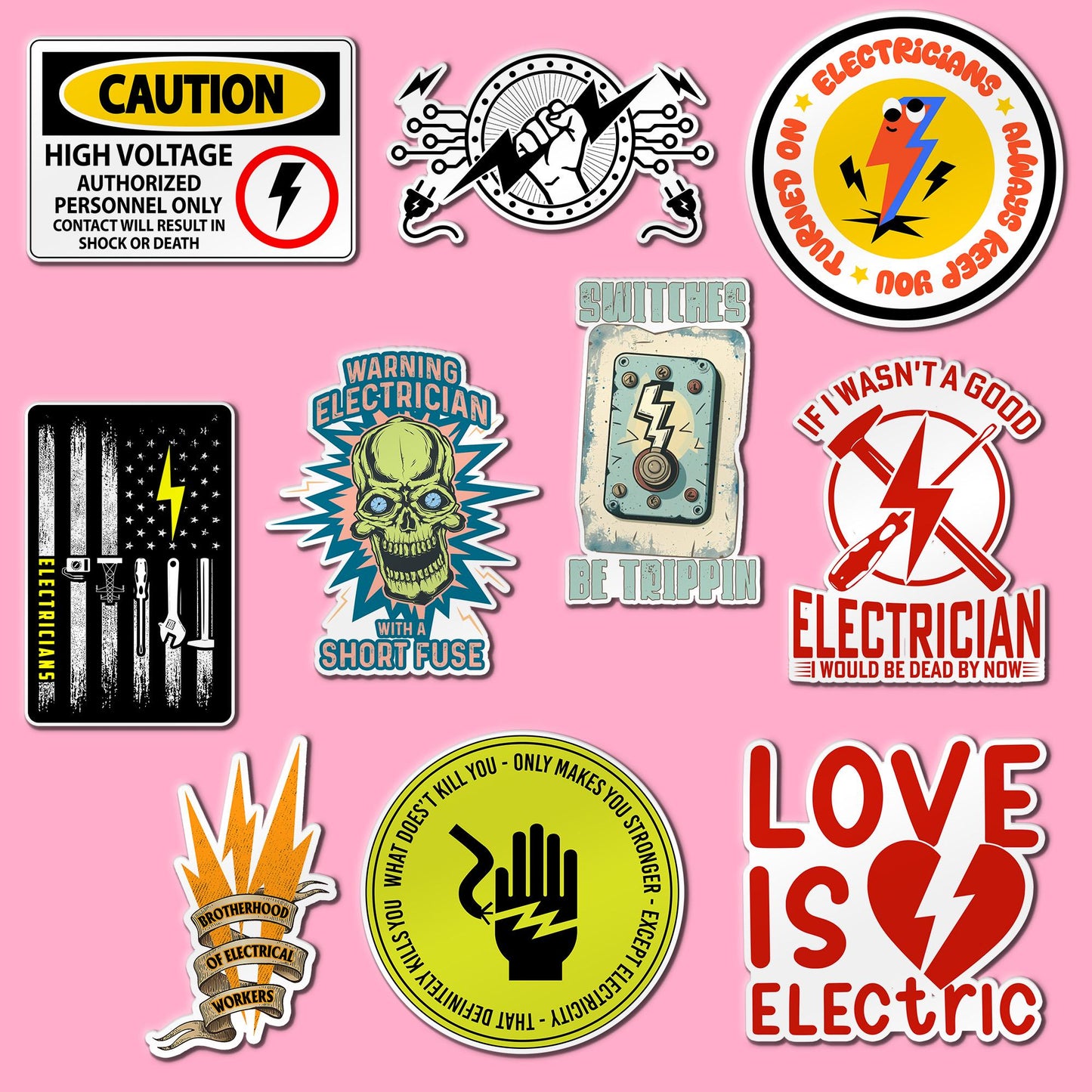 Electrician Stickers: Electricity Explained, Warning Decals (10-Piece Sheet) Made in USA