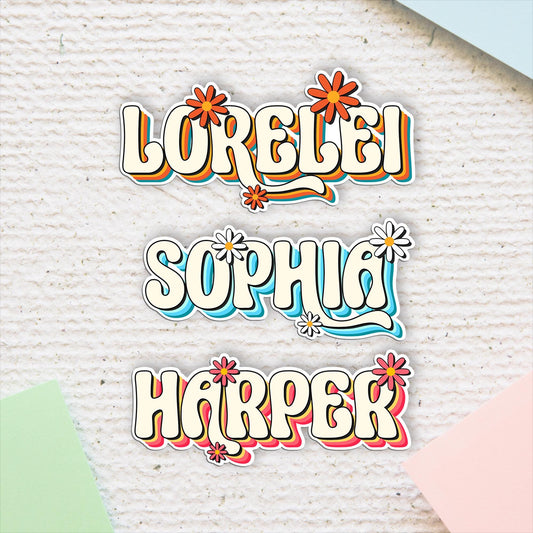 Personalized Daisy Name Sticker: Retro Hippie Vinyl Decal