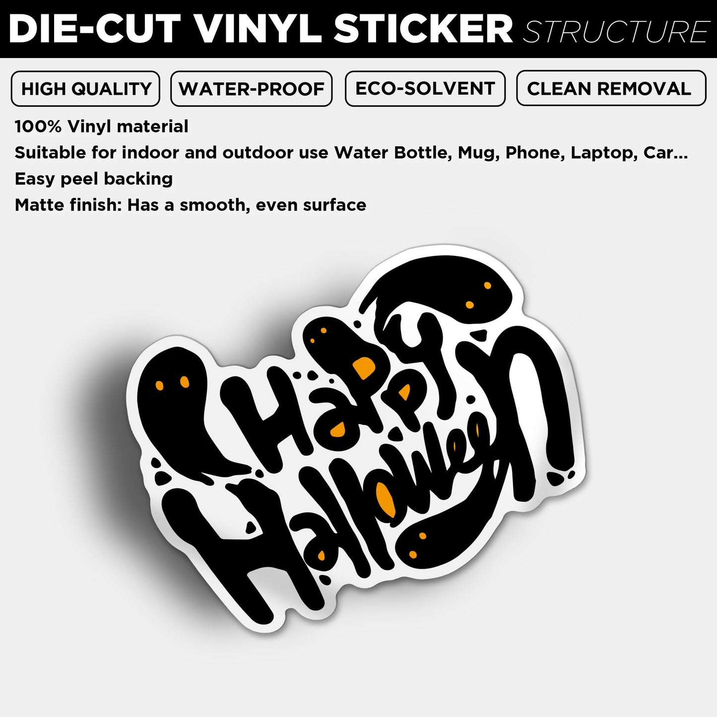 Happy Halloween Ghost Vinyl Sticker: Laptop, Guitar, Skateboard