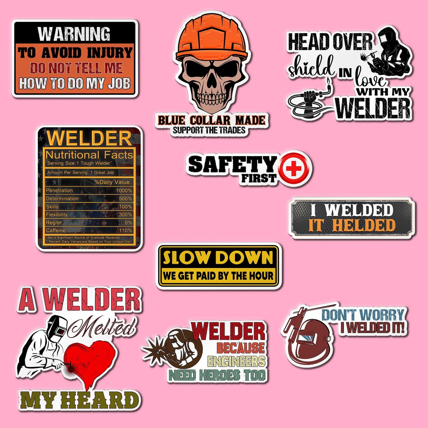 Welder Hard Hat Stickers: Funny Construction Helmet Decals - 10 PC