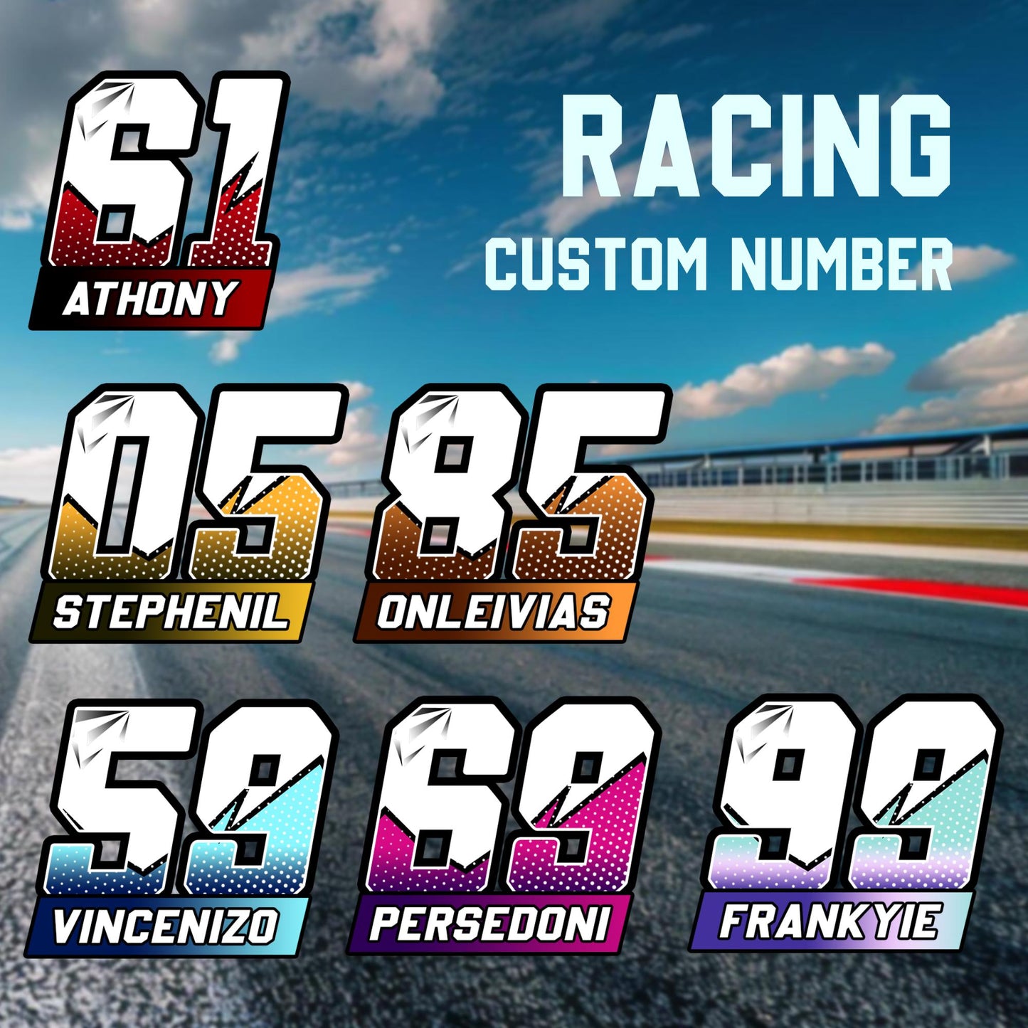 Personalized Racing Name Number Stickers: Waterproof Vinyl Decal