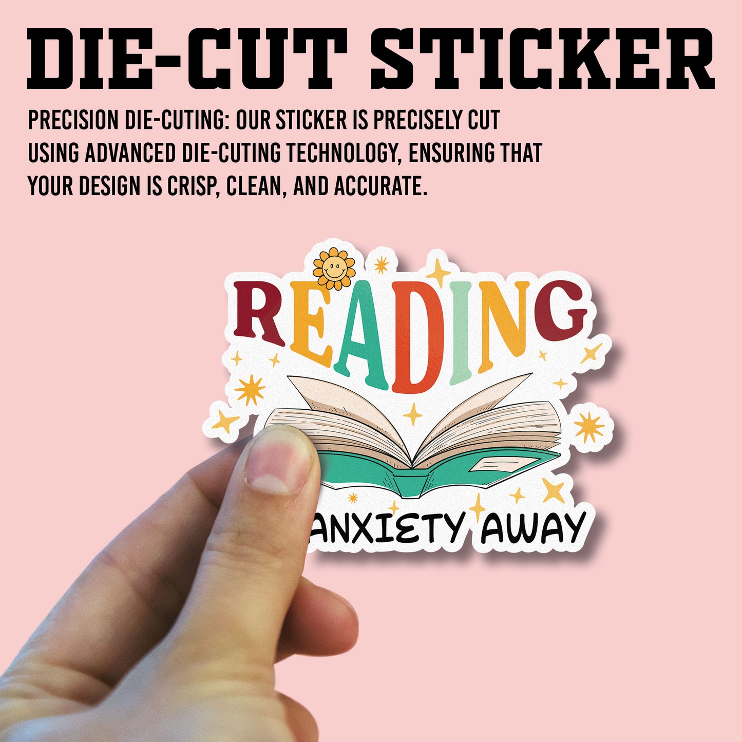 Reading My Anxiety Away Sticker, Anxiety Stickers, Mental Health Support Vinyl Decals, Emotional Wellness, Waterproof, UV Resistant, for Laptop, Water Bottle, Journal, Notebook