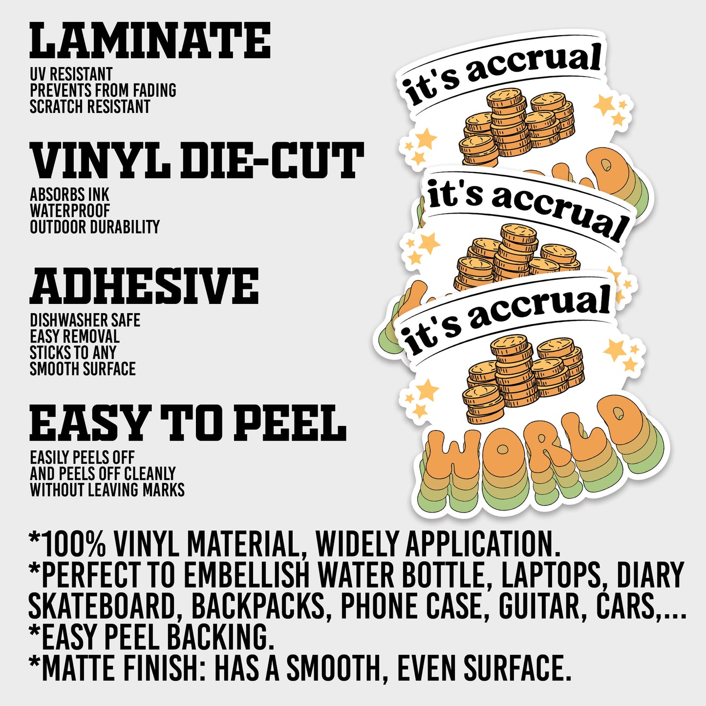 Its Accrual World Sticker, Accountant Stickers, Funny CPA Tax Season Accounting Vinyl Decal, Waterproof, UV Resistant, for Water Bottle, Scrapbook, Laptop, Car