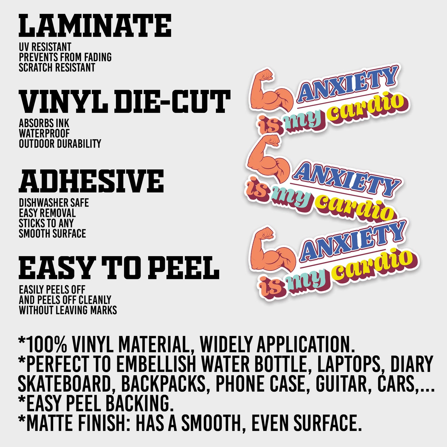 Anxiety Is My Cardio Sticker, Anxiety Stickers, Mental Health Support Vinyl Decals, Emotional Wellness, Waterproof, UV Resistant, for Laptop, Water Bottle, Journal, Notebook