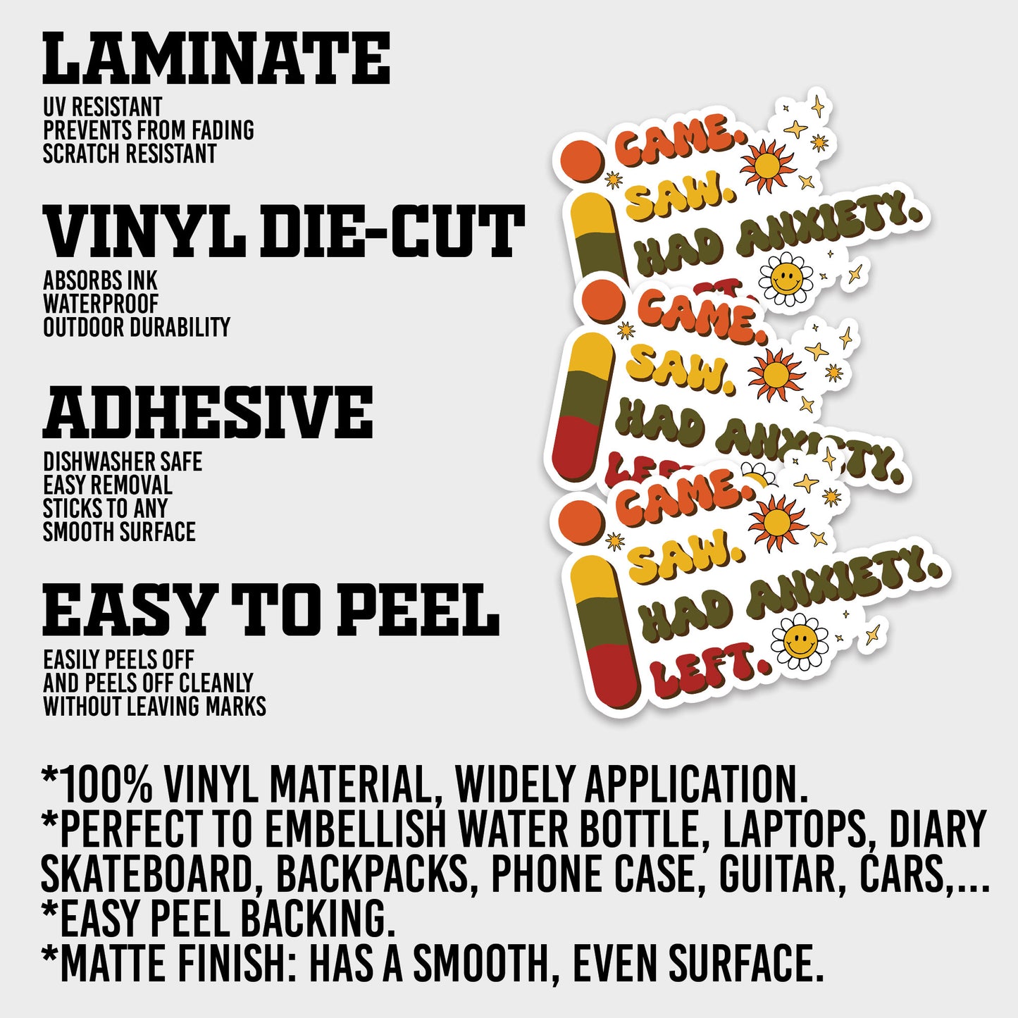 I Came Saw Had Anxiety Left Sticker, Anxiety Stickers, Mental Health Support Vinyl Decals, Emotional Wellness, Waterproof, UV Resistant, for Laptop, Water Bottle, Journal, Notebook