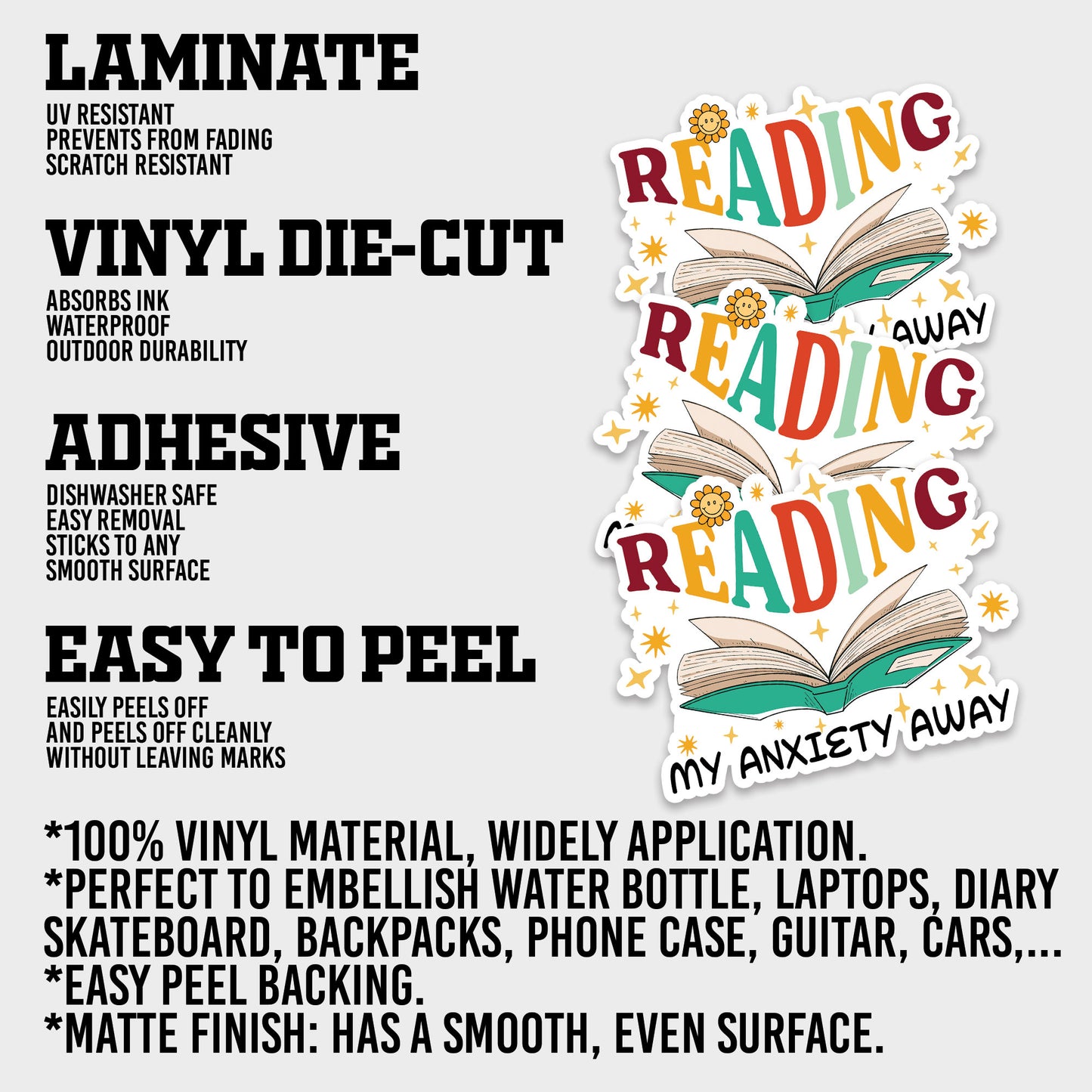 Reading My Anxiety Away Sticker, Anxiety Stickers, Mental Health Support Vinyl Decals, Emotional Wellness, Waterproof, UV Resistant, for Laptop, Water Bottle, Journal, Notebook