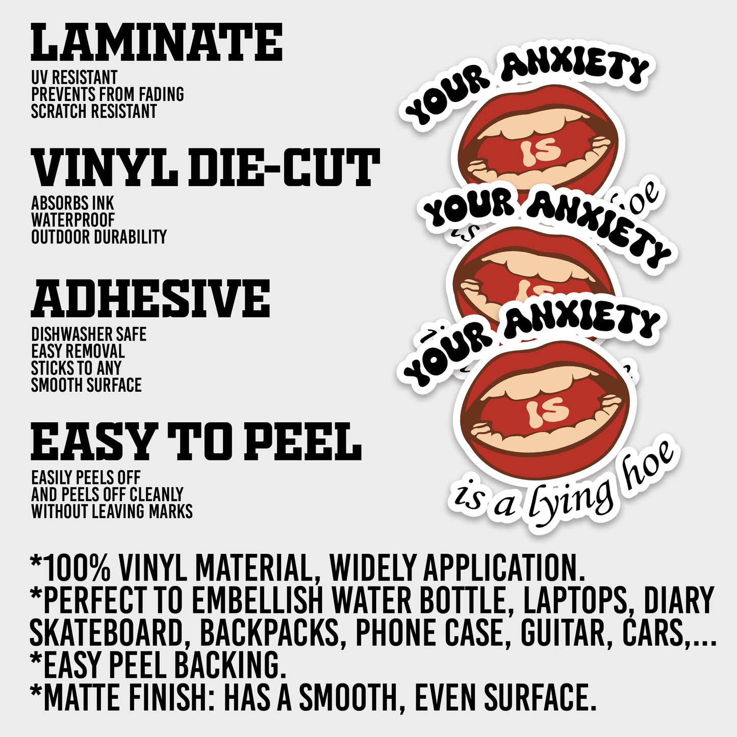 Your Anxiety Is A Lying Hoe Sticker, Anxiety Stickers, Mental Health Support Vinyl Decals, Emotional Wellness, Waterproof, UV Resistant, for Laptop, Water Bottle, Journal, Notebook