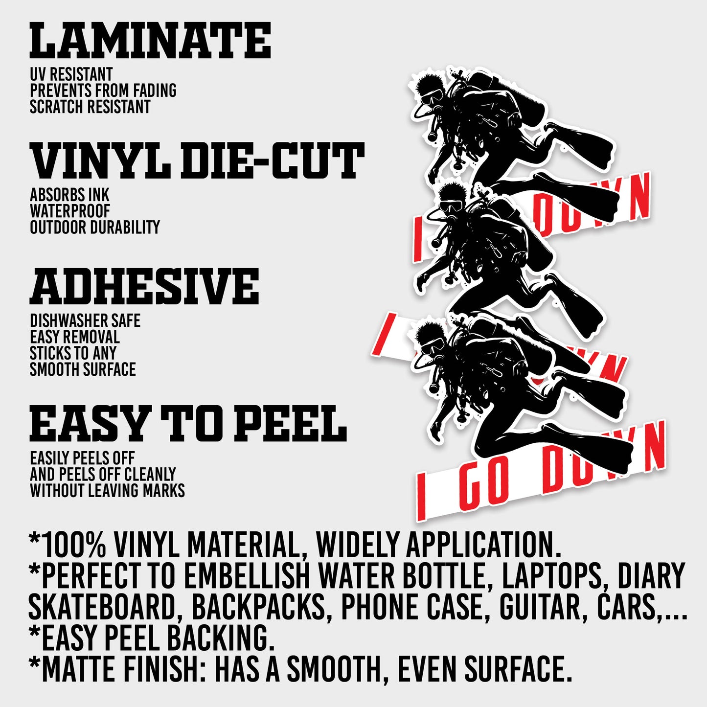 Diving I Go Down Sticker, Scuba Gear Stickers, Ocean Diving Vinyl Decals, Adventure Sport, Waterproof, UV Resistant, for Laptop, Water Bottle, Journal, Notebook