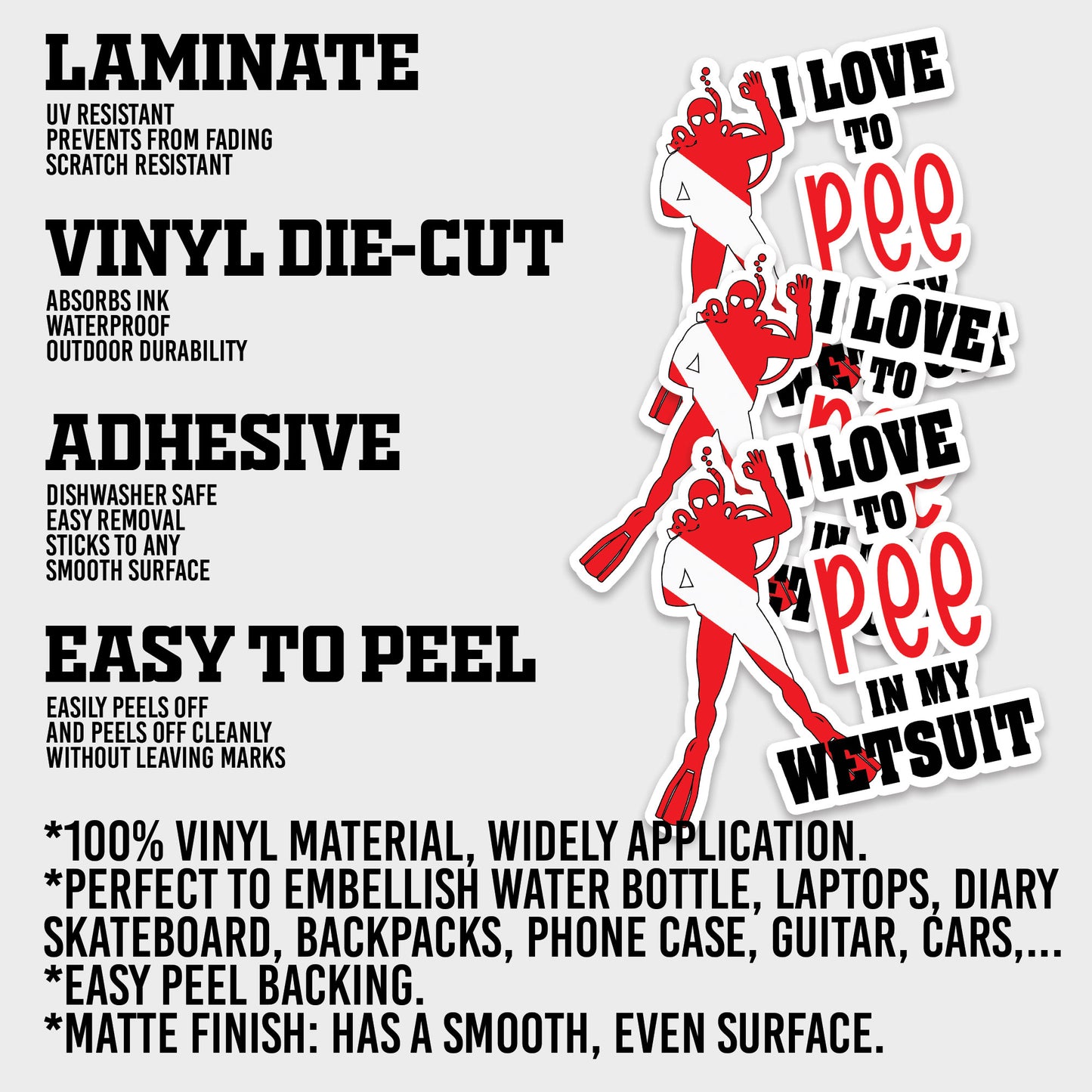 Diving I Love To Pee In My Wer Suit Sticker, Scuba Gear Stickers, Ocean Diving Vinyl Decals, Adventure Sport, Waterproof, UV Resistant, for Laptop, Water Bottle, Journal, Notebook