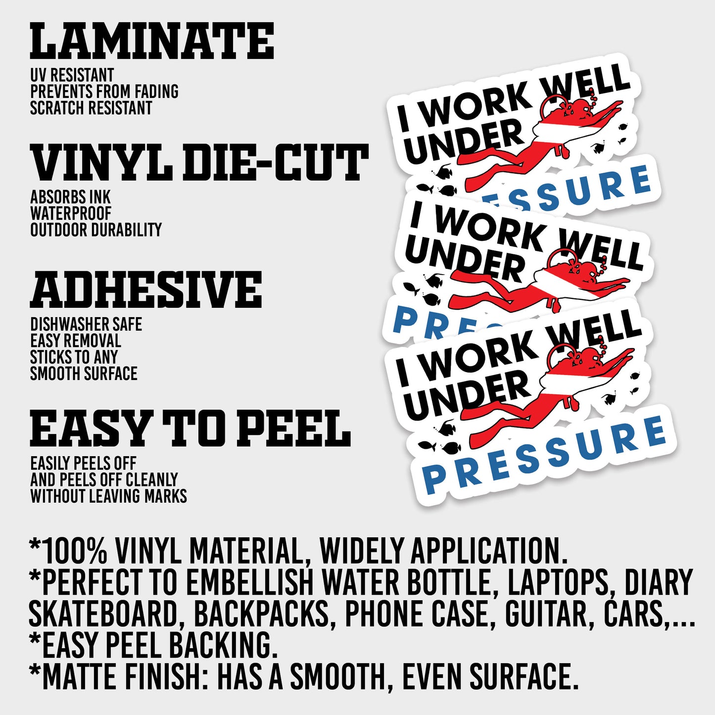 Diving I Work Well Under Pressure Sticker, Scuba Gear Stickers, Ocean Diving Vinyl Decals, Adventure Sport, Waterproof, UV Resistant, for Laptop, Water Bottle, Journal, Notebook
