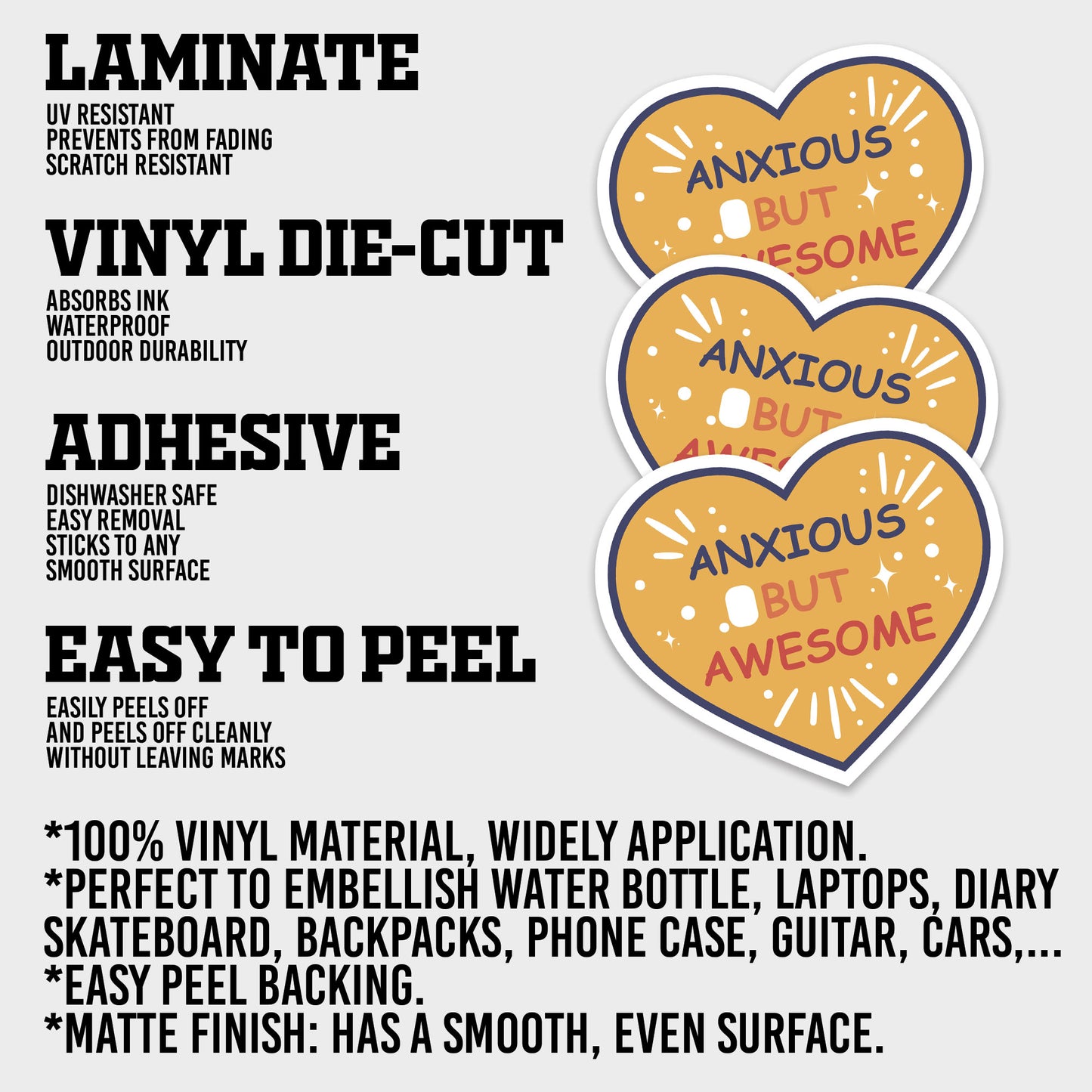 Anxious But Awesome Sticker, Mental Health Stickers, Positive and Supportive Vinyl Decals, Waterproof, UV Resistant, for Laptop, Water Bottle, Notebook, Mirror, Scrapbook, Phone Case