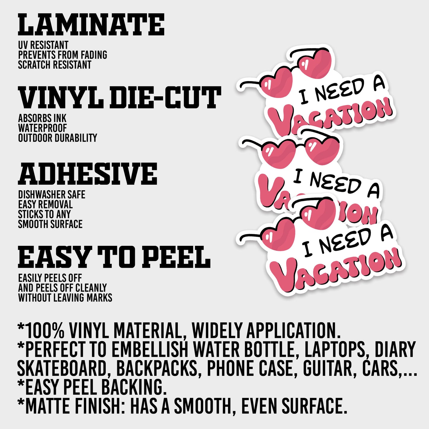 I Need a Vacation Sticker, Mental Health Stickers, Positive and Supportive Vinyl Decals, Waterproof, UV Resistant, for Laptop, Water Bottle, Notebook, Mirror, Scrapbook, Phone Case