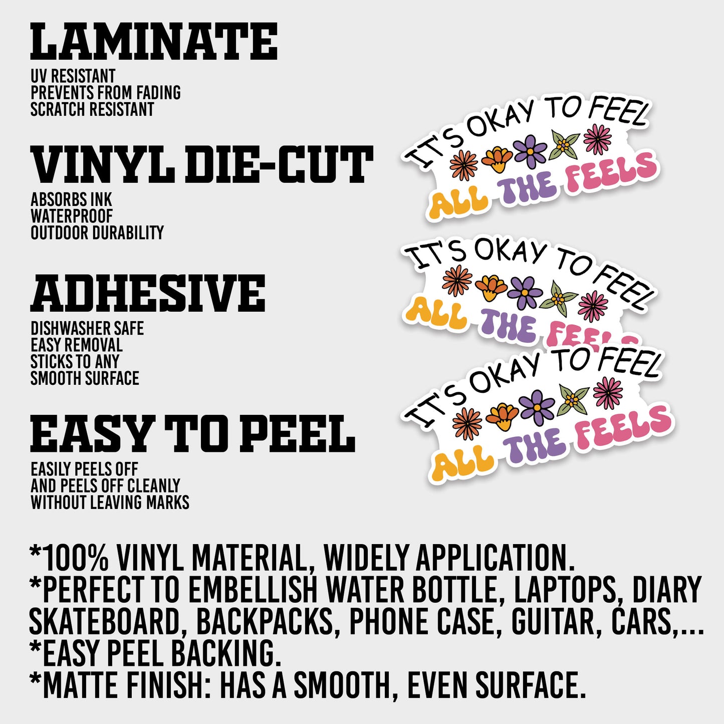It Is Okay To Feel All The Feels Sticker, Mental Health Stickers, Positive Vinyl Decals, Waterproof, UV Resistant, for Laptop, Water Bottle, Notebook, Mirror, Scrapbook, Phone Case