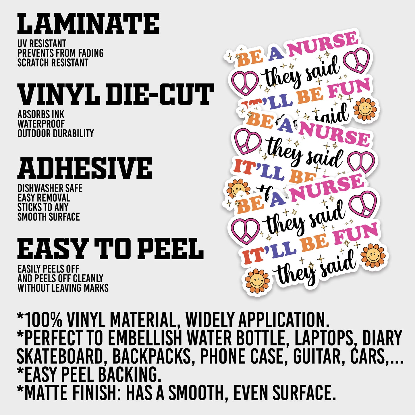 Be A Nurse They Said It'll Be Fun They Said Sticker, Nurse Stickers, Nursing Medical Funny Doctor Heathcare Vinyl Decals, Waterproof, UV Resistant, Suitable for Tumbler, Laptop, Car