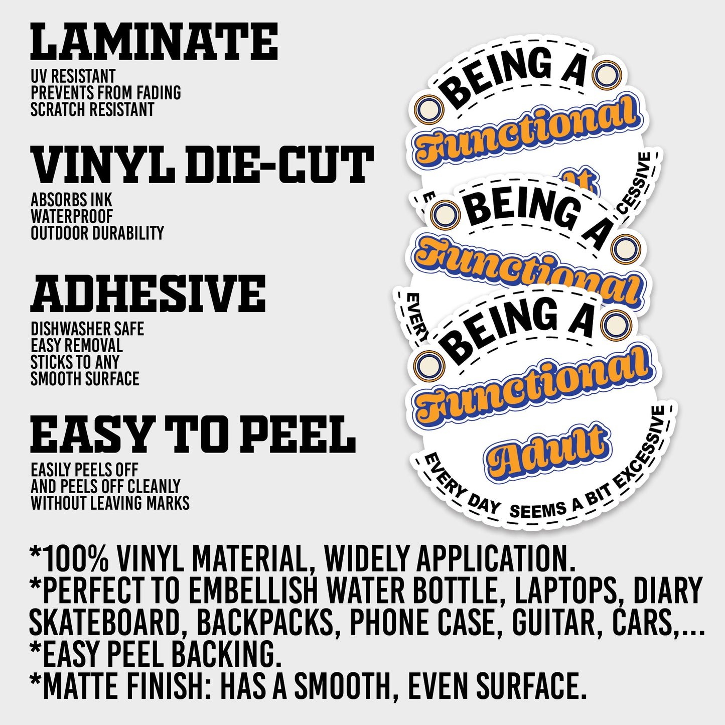 Being A Functional Adult Everyday Seems A Bit Excessive Sticker, Mental Health Stickers, Positive Vinyl Decals, Waterproof, for Laptop, Water Bottle, Notebook, Mirror, Scrapbook, Phone Case