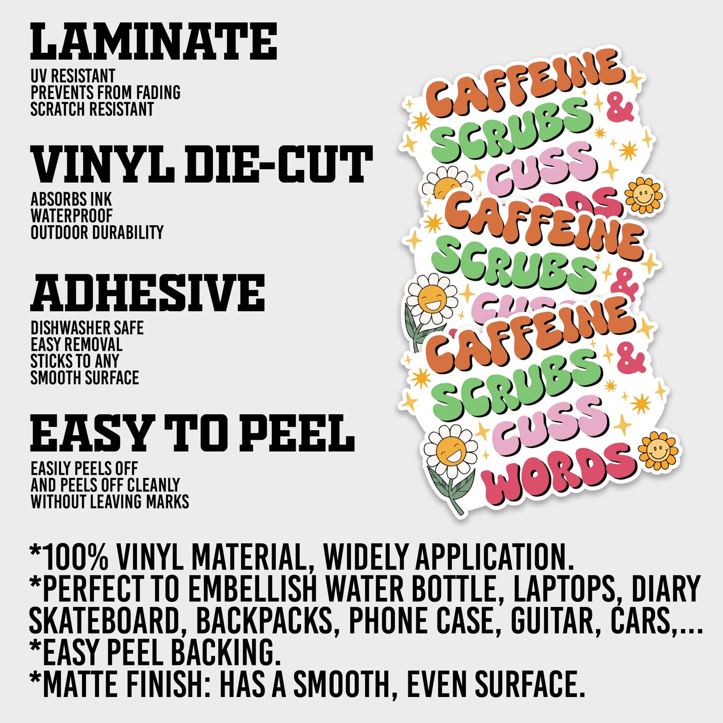 Caffeine Scrubs Cuss Words Sticker, Nurse Stickers, Nursing Medical Funny Doctor Heathcare Vinyl Decals, Waterproof, UV Resistant, Suitable for Tumbler, Laptop, Car