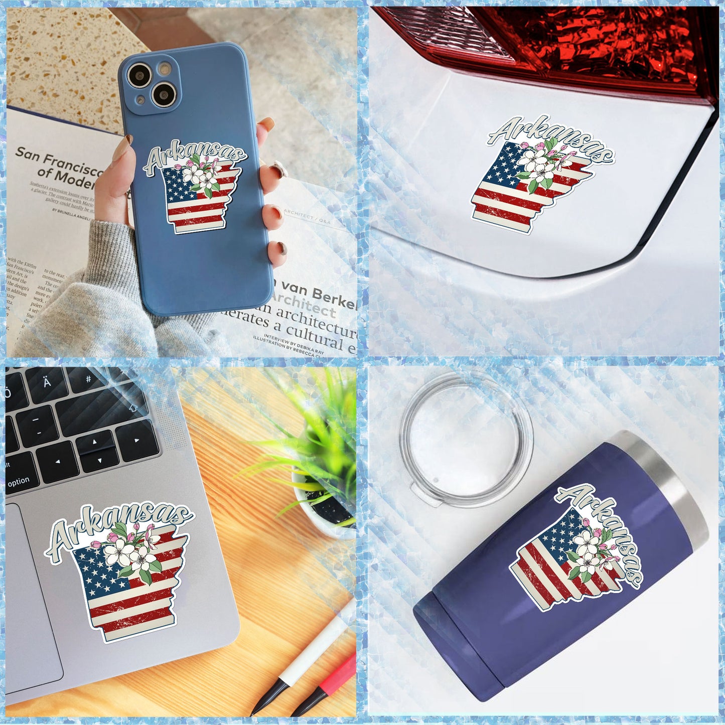 Arkansas State Flowers Stickers  US State Shaped Map Stickers, Vintage American Flag Patriotic Vinyl Decals for Water Bottles Luggage Suitcase Scrapbooking Computer