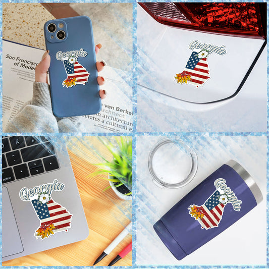 Georgia State Flowers Stickers  US State Shaped Map Stickers, Vintage American Flag Patriotic Vinyl Decals for Water Bottles Luggage Suitcase Scrapbooking Computer
