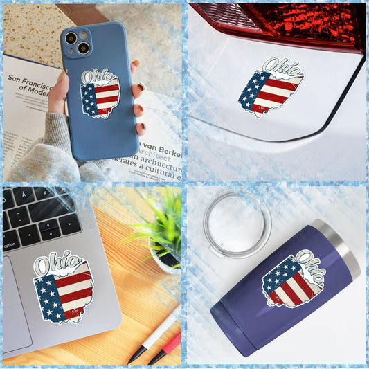 Ohio Stickers  US State Shaped Map Stickers, Vintage American Flag Patriotic Vinyl Decals for Water Bottles Luggage Suitcase Scrapbooking Computer