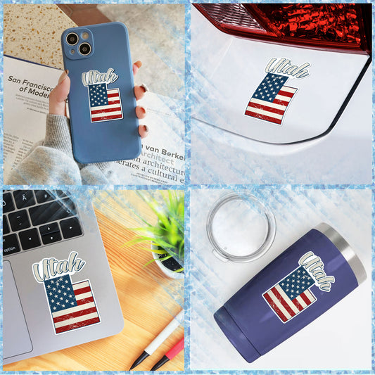 Utah Stickers  US State Shaped Map Stickers, Vintage American Flag Patriotic Vinyl Decals for Water Bottles Luggage Suitcase Scrapbooking Computer