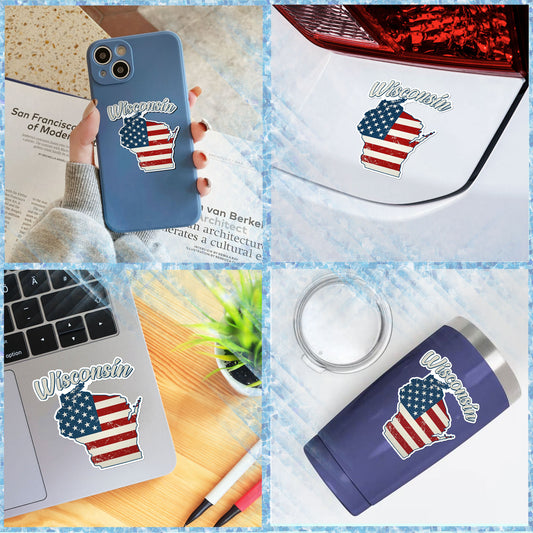 Wisconsin Stickers  US State Shaped Map Stickers, Vintage American Flag Patriotic Vinyl Decals for Water Bottles Luggage Suitcase Scrapbooking Computer