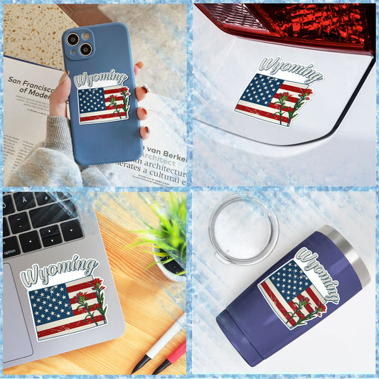 Wyoming State Flowers Stickers  US State Shaped Map Stickers, Vintage American Flag Patriotic Vinyl Decals for Water Bottles Luggage Suitcase Scrapbooking Computer