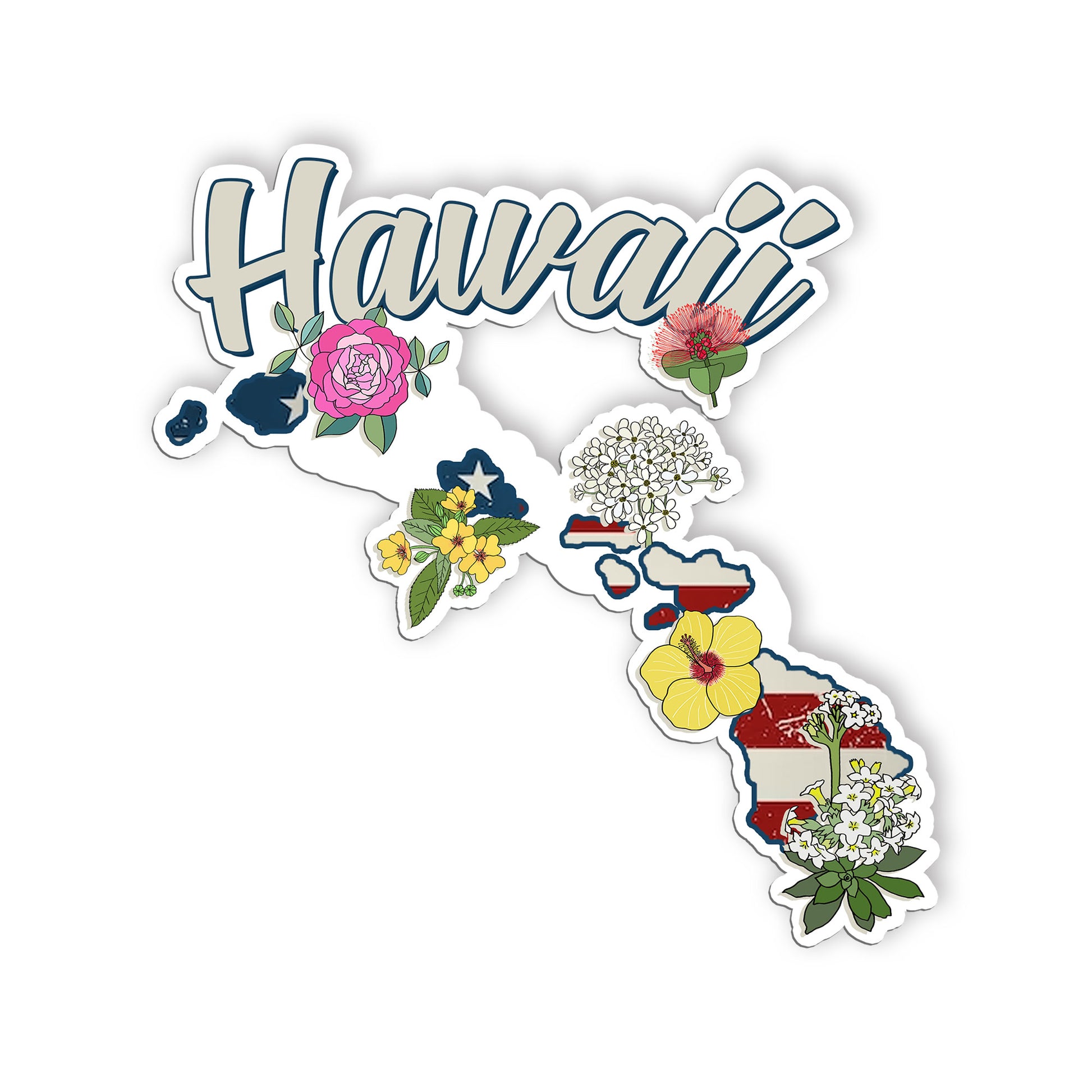 Hawaii State Flowers Stickers  US State Shaped Map Stickers, Vintage American Fl
