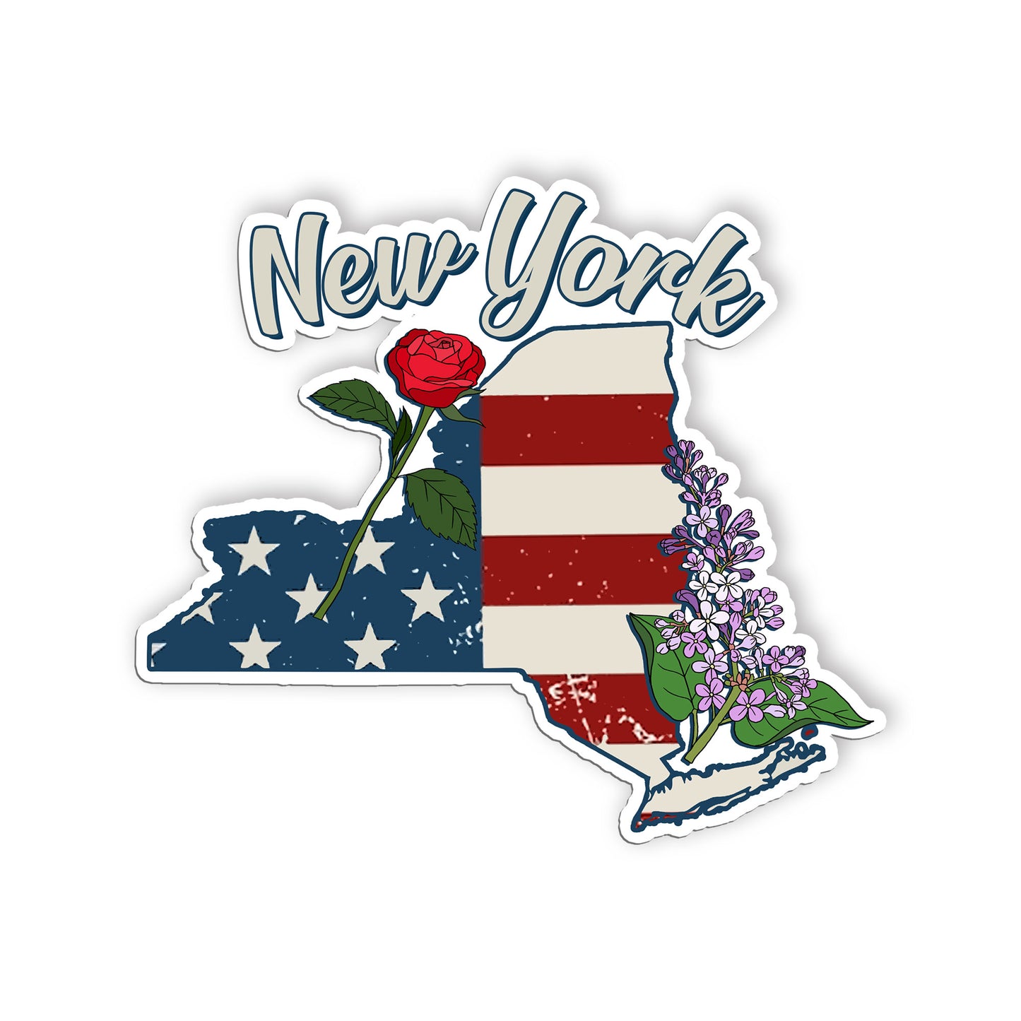 New York State Flowers Stickers  US State Shaped Map Stickers, Vintage American 