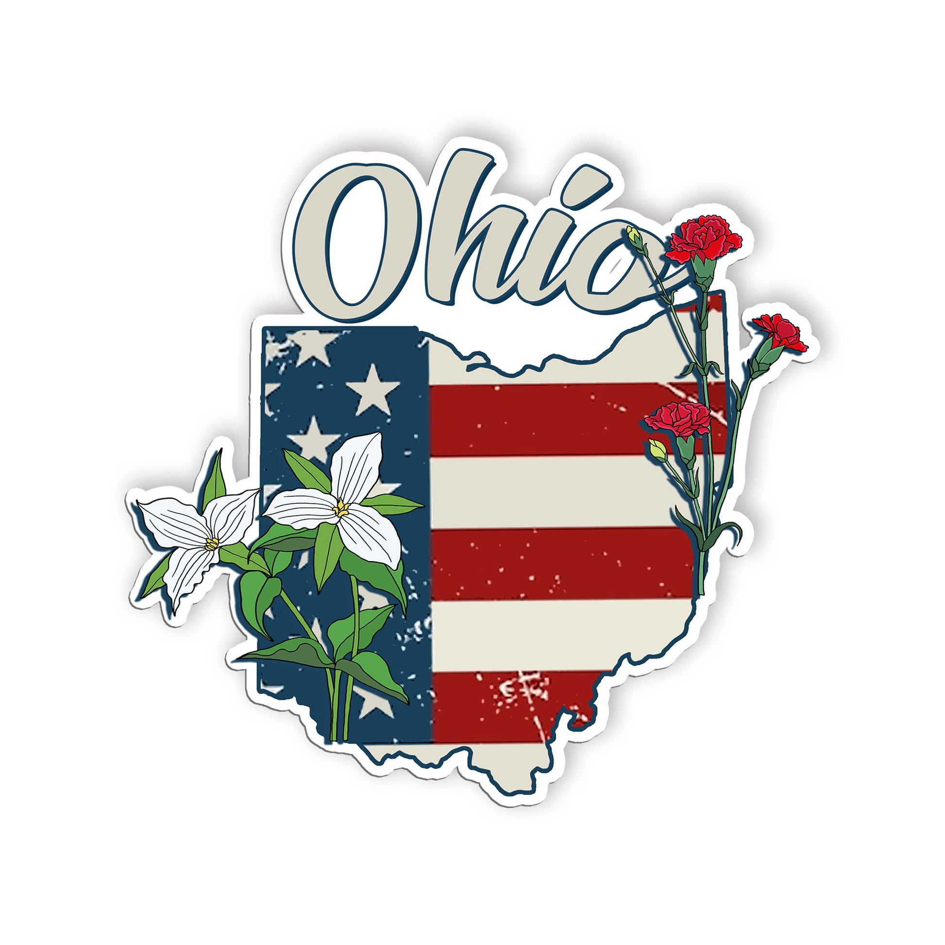 Ohio State Flowers Stickers  US State Shaped Map Stickers, Vintage American Flag
