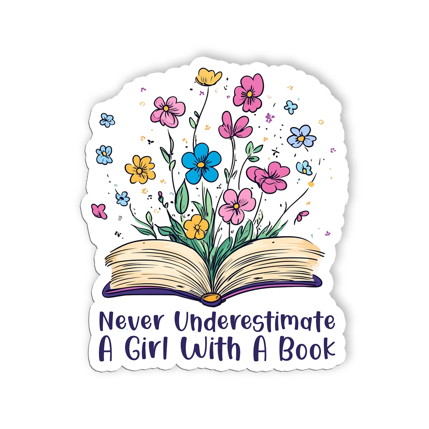 Never Underestimate A Girl With A Book Sticker Cute Floral RGB Quote Stickers Wa