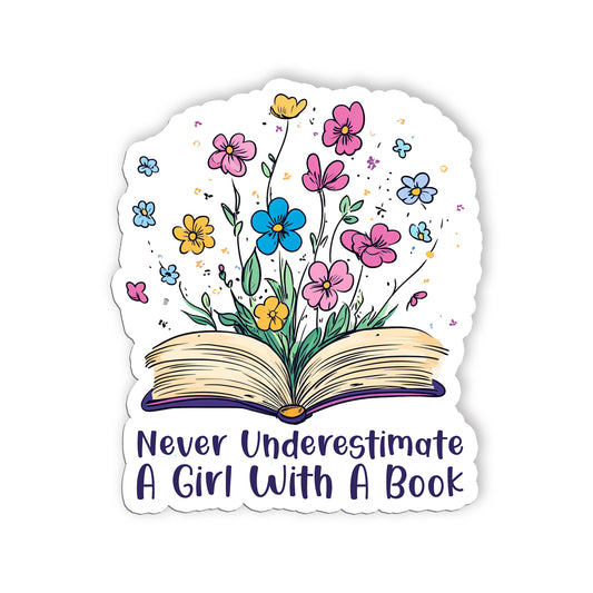 Never Underestimate A Girl With A Book Sticker Cute Floral RGB Quote Stickers Wa