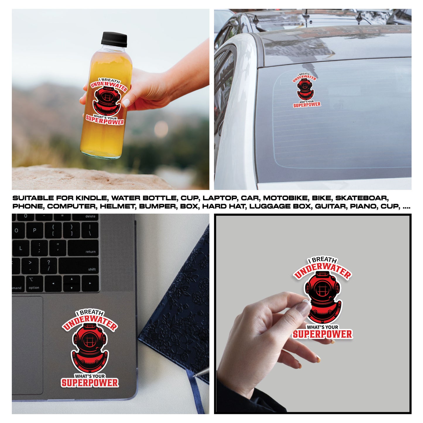 Diving I Breath Underwater What Is Your Super Power Sticker, Scuba Gear Stickers, Ocean Diving Vinyl Decals, Waterproof, UV Resistant, for Laptop, Water Bottle, Journal, Notebook