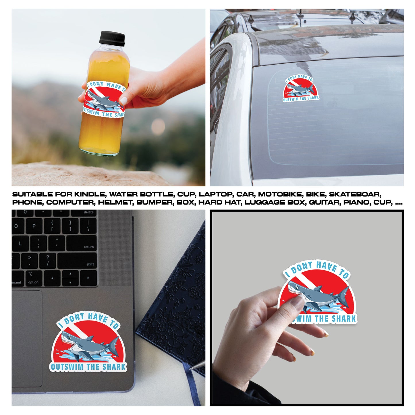 Diving I Dont Have To Outswim The Shark Sticker, Scuba Gear Stickers, Ocean Diving Vinyl Decals, Adventure Sport, Waterproof, UV Resistant, for Laptop, Water Bottle, Journal, Notebook