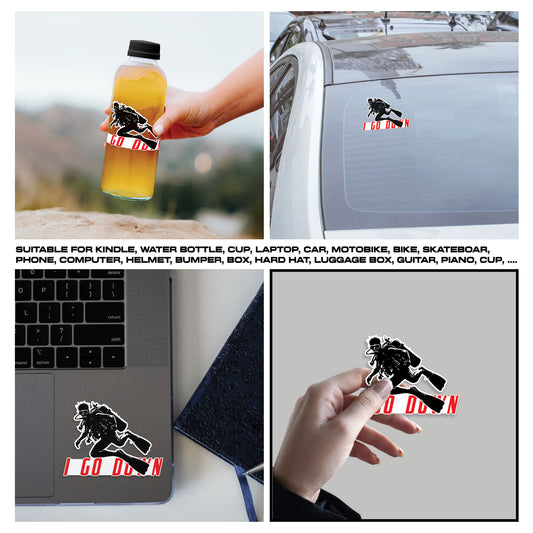 Diving I Go Down Sticker, Scuba Gear Stickers, Ocean Diving Vinyl Decals, Adventure Sport, Waterproof, UV Resistant, for Laptop, Water Bottle, Journal, Notebook