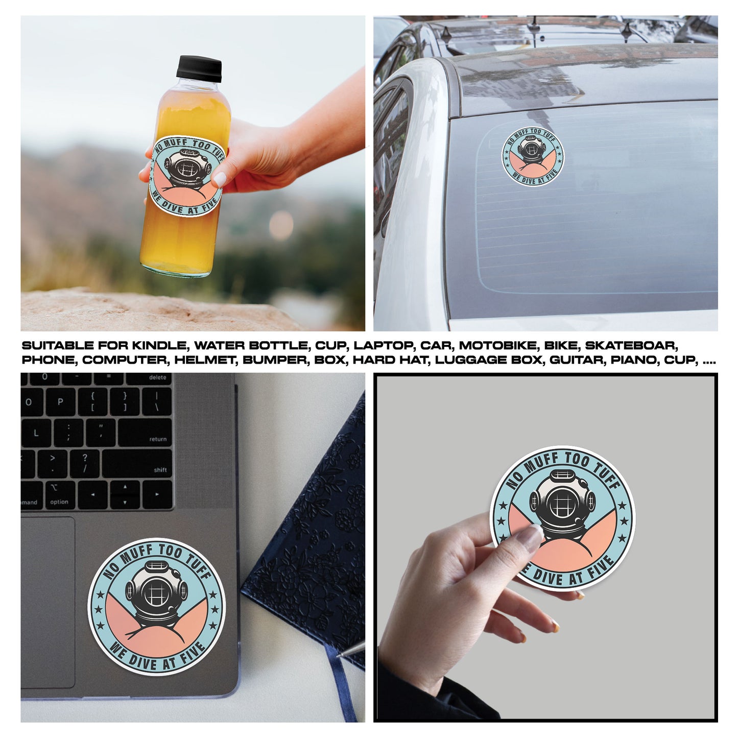 Diving No Muff Too Tuff We Dive At Five Sticker, Scuba Gear Stickers, Ocean Diving Vinyl Decals, Adventure Sport, Waterproof, UV Resistant, for Laptop, Water Bottle, Journal, Notebook