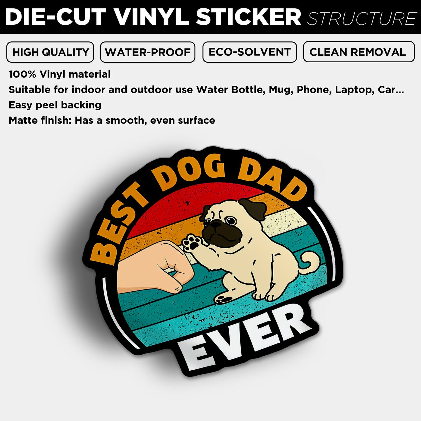 Best Dog Dad Ever, Waterproof Kiss Cut Vinyl Sticker, Stickers for Water Bottles,Skateboards and Notebooks, Laptop Stickers