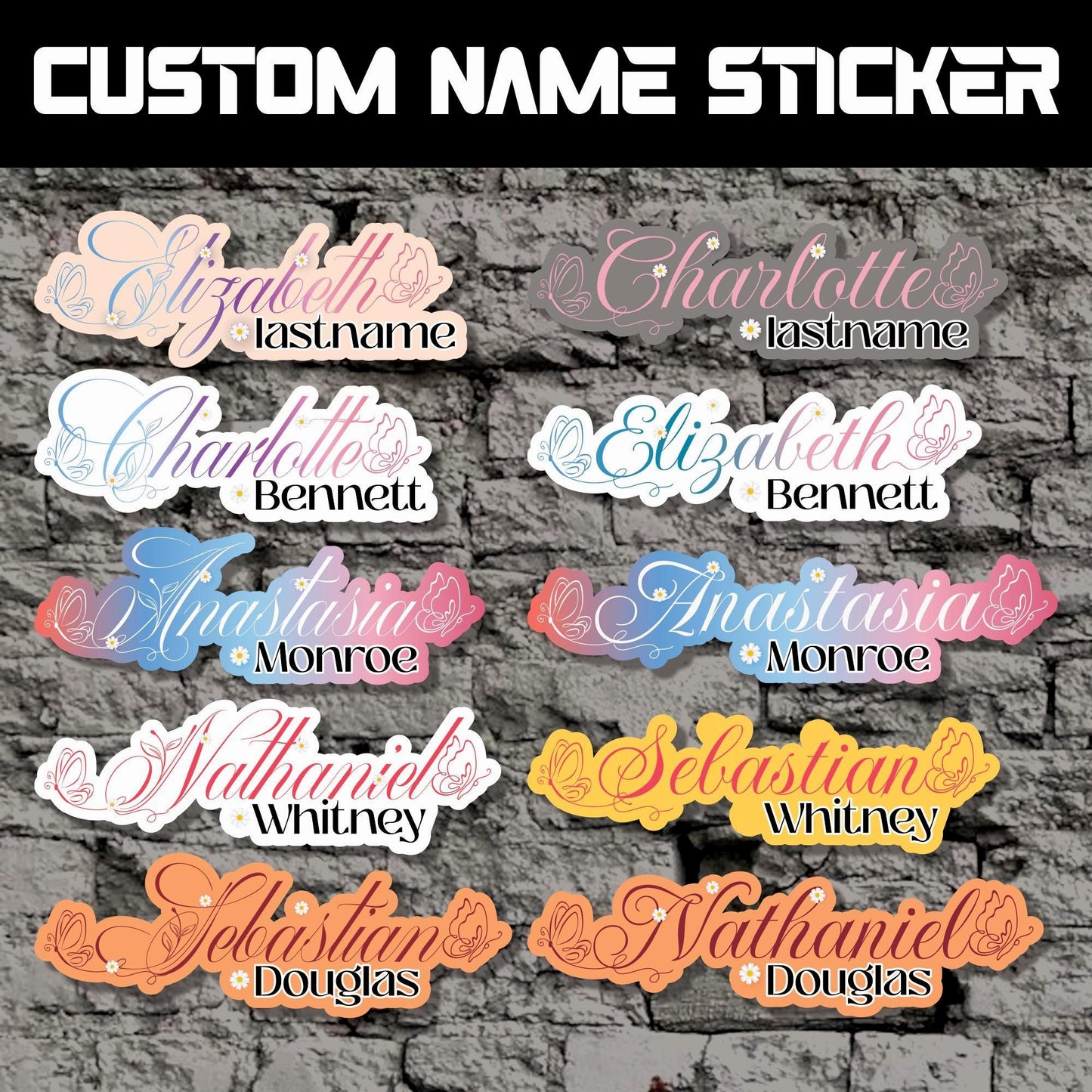 Custom Name Sticker: Floral Butterfly Decal - Laptop, Water Bottle