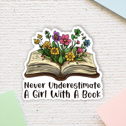 Floral Book Girl Sticker: Uplifting Laptop Decal