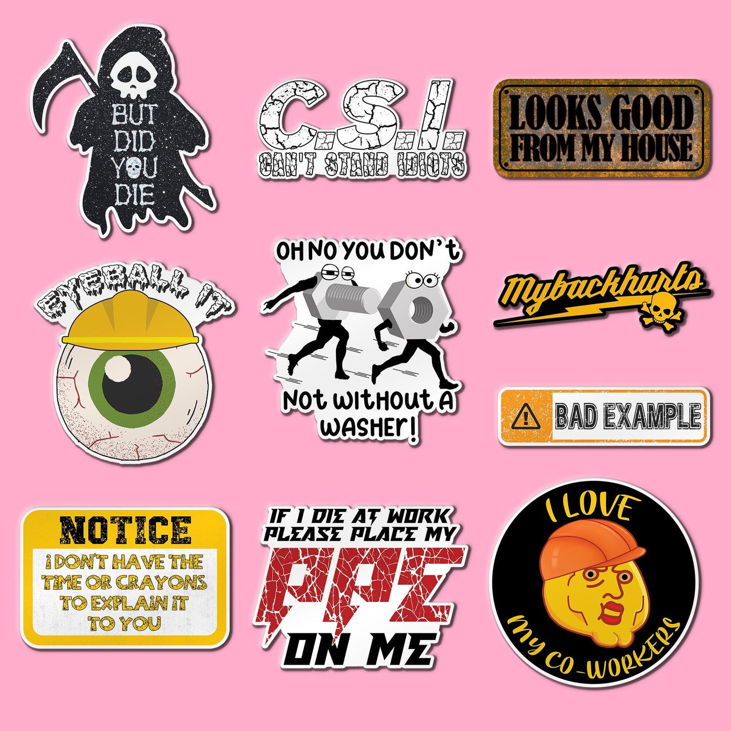 Funny Blue Collar Sticker Set: Hard Hat & Tool Box Decals - 10 PC
