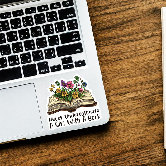 Floral Book Girl Sticker: Uplifting Laptop Decal