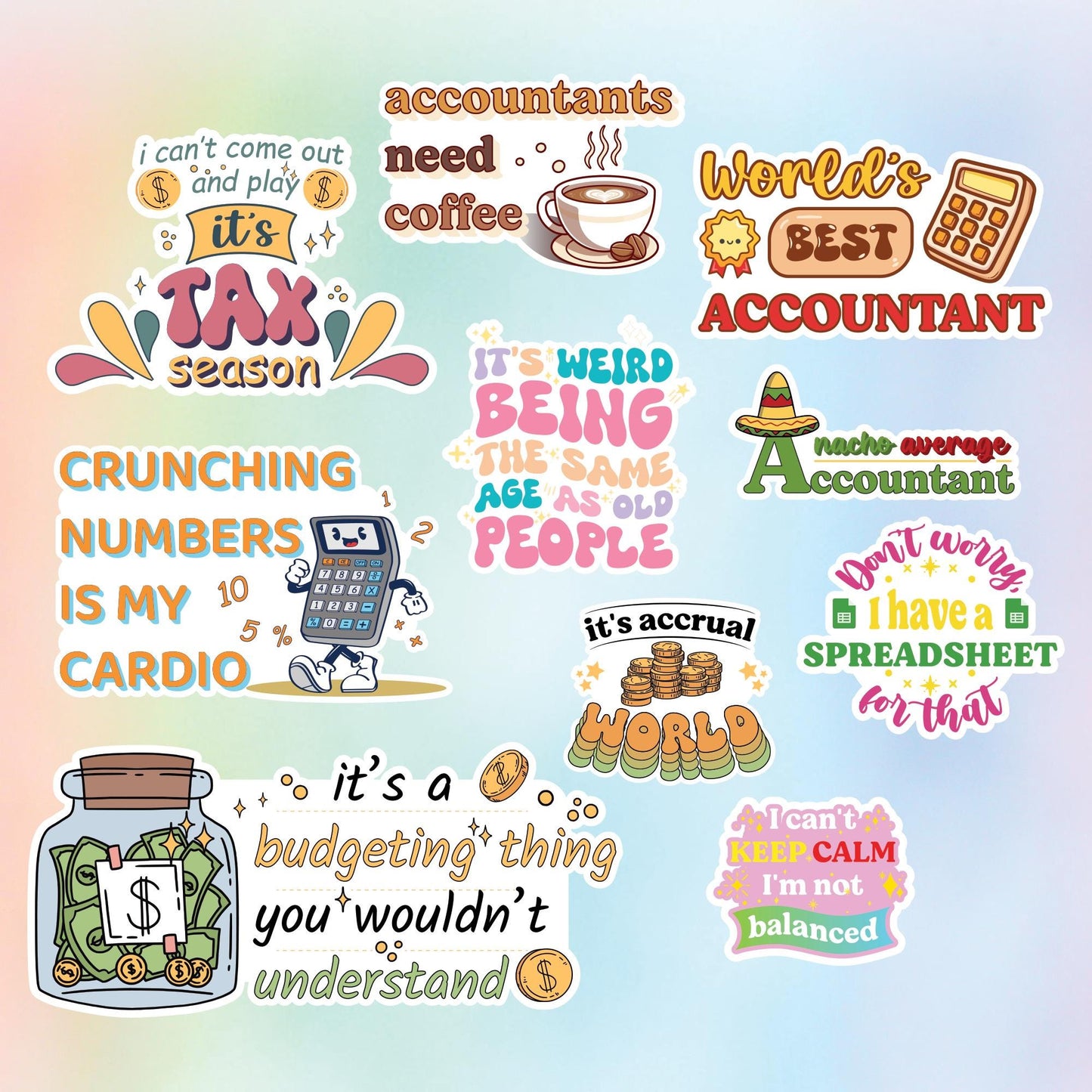 CPA Accountant Sticker Sheet (10 pcs) - Funny Waterproof Vinyl Decals